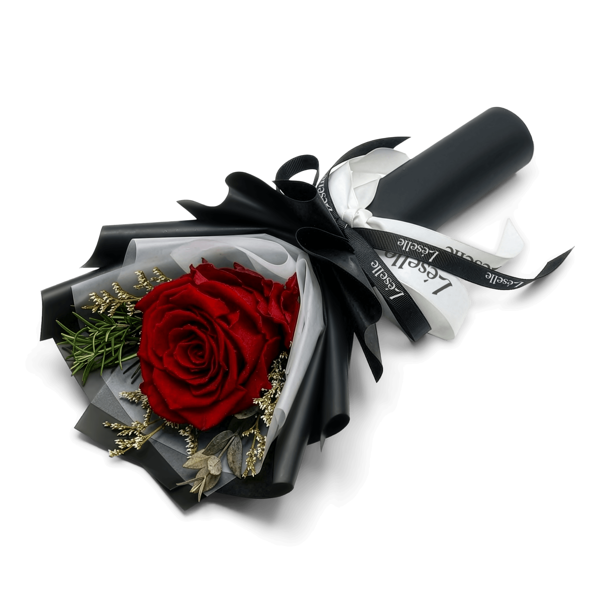 單支永生花束 - 經典紅玫瑰（黑色花紙）
