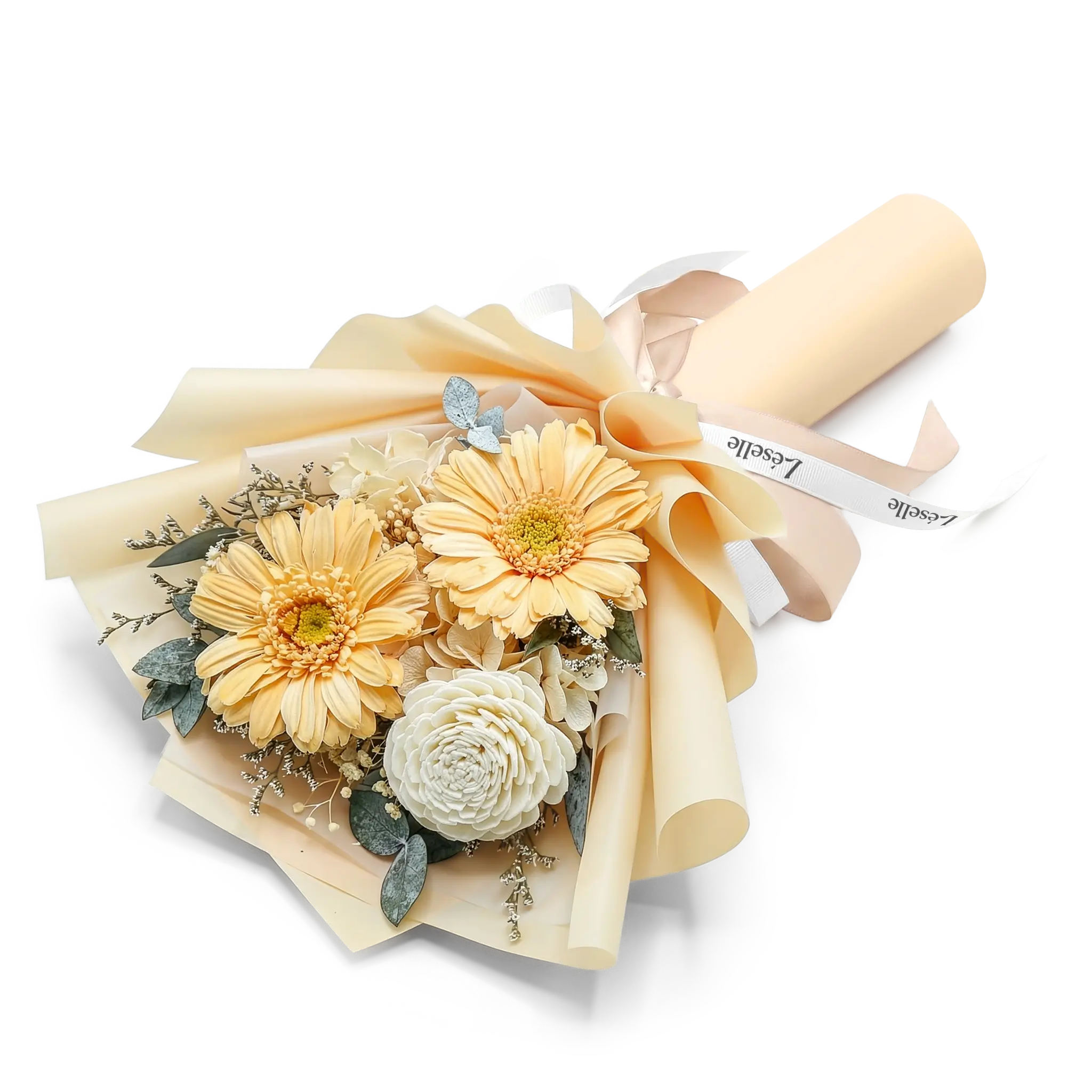 煦日淺杏雙朵永生非洲菊花束