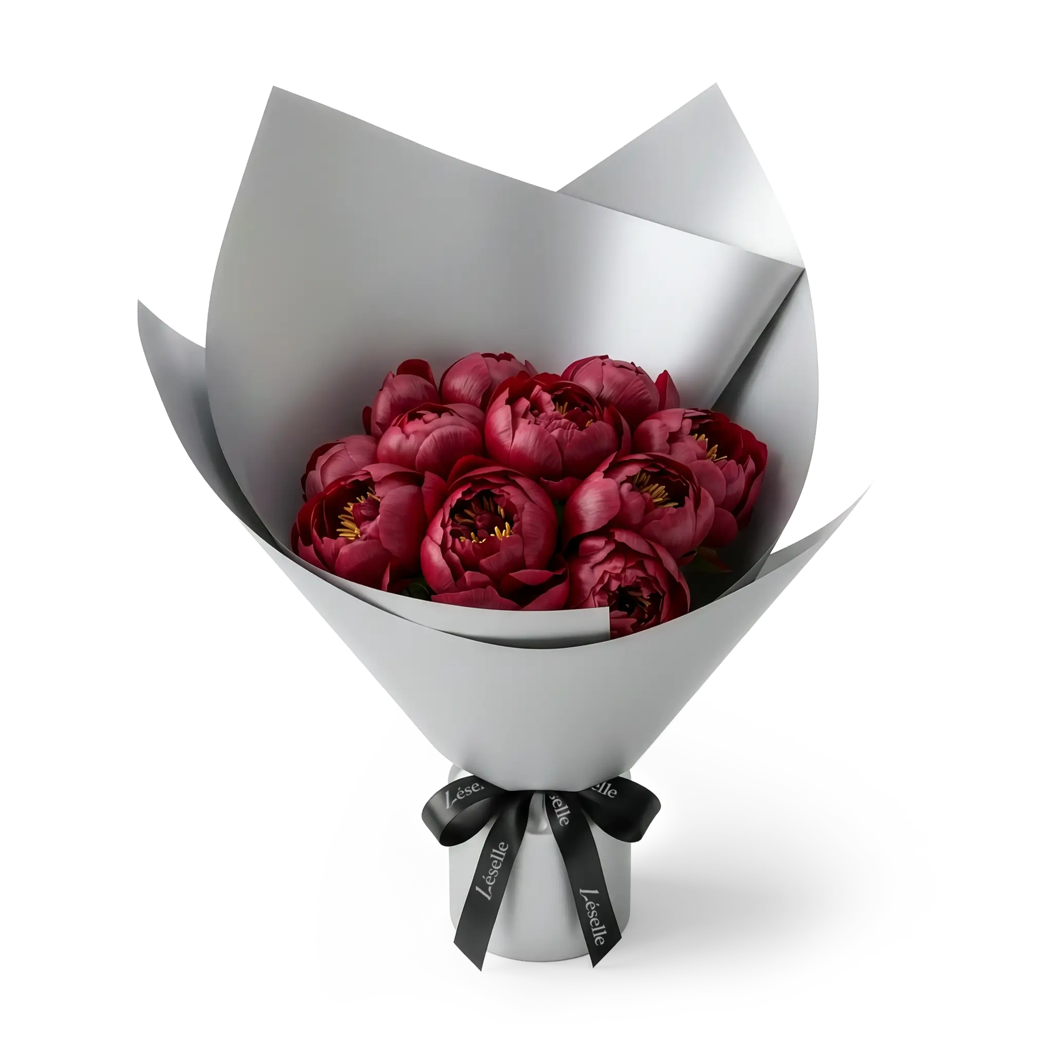 Bouquet of burgundy peonies wrapped in silver paper with a black ribbon on a transparent background