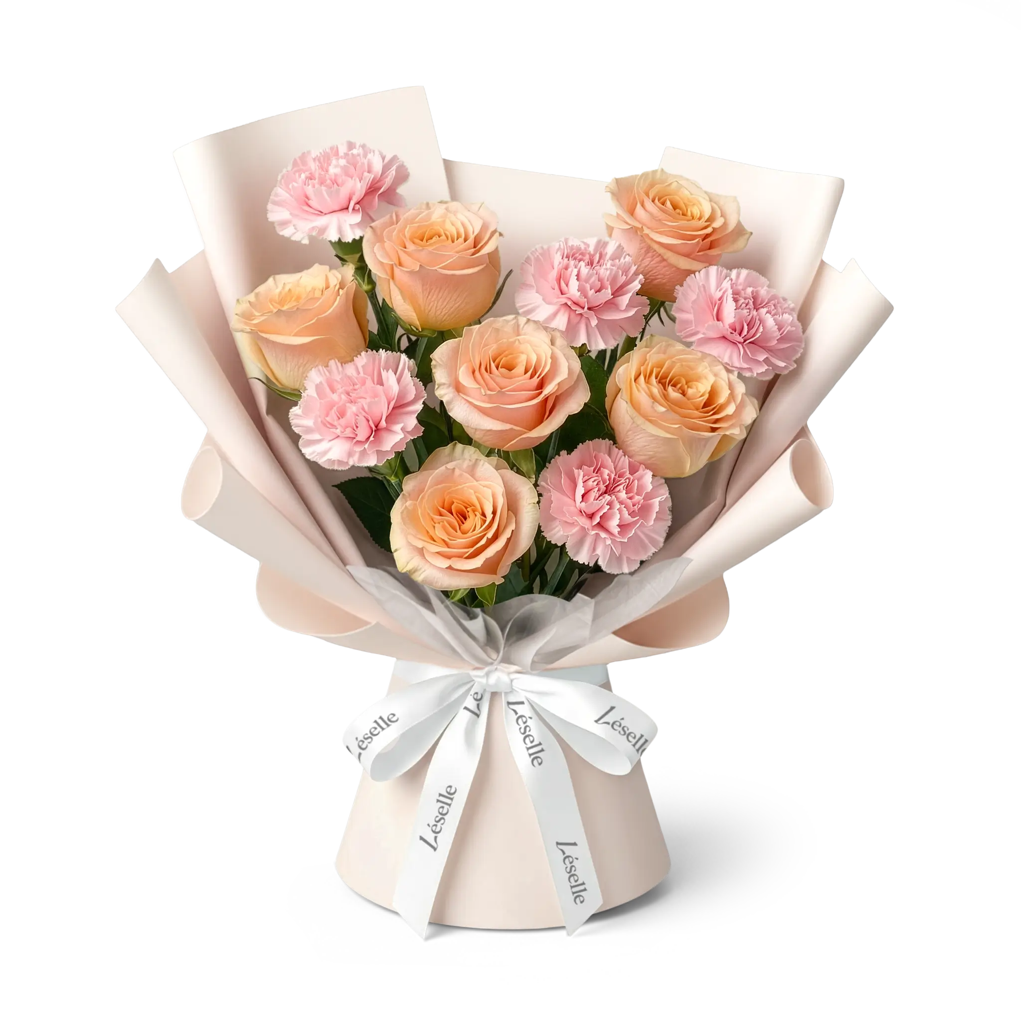 Bouquet of champagne roses and blush carnations wrapped in nude chiffon pink paper with a white ribbon on a transparent background