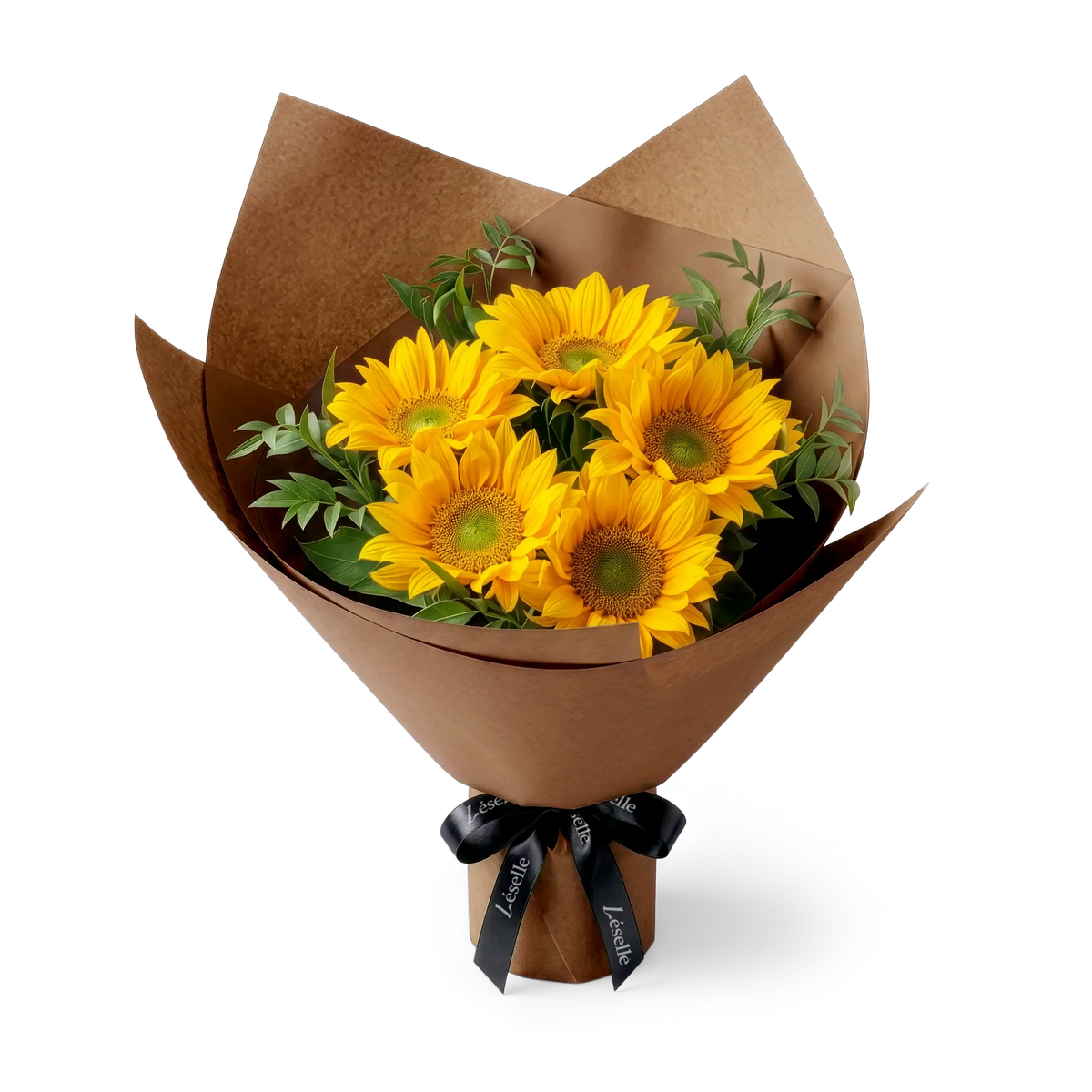 Bouquet of green-heart sunflowers wrapped in brown paper with a black ribbon on a transparent background