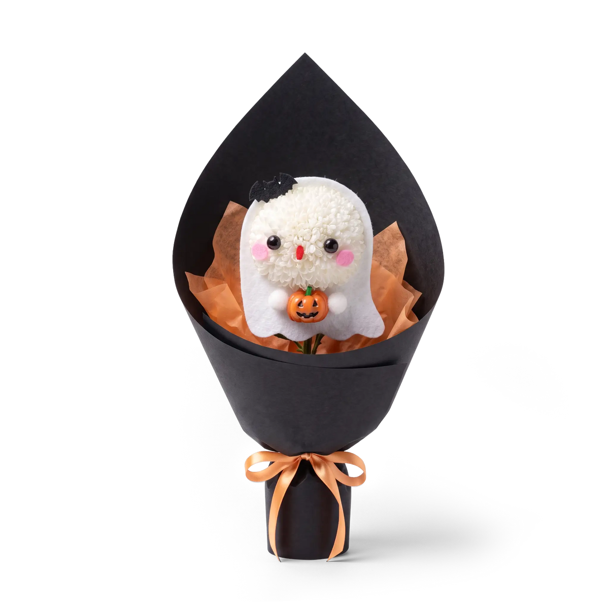 Halloween Ghost Pompon Bouquet made of a fresh white pompon chrysanthemum. This spooky-cute floral arrangement features a ghost holding a jack-o'-lantern, wrapped in black and orange packaging.