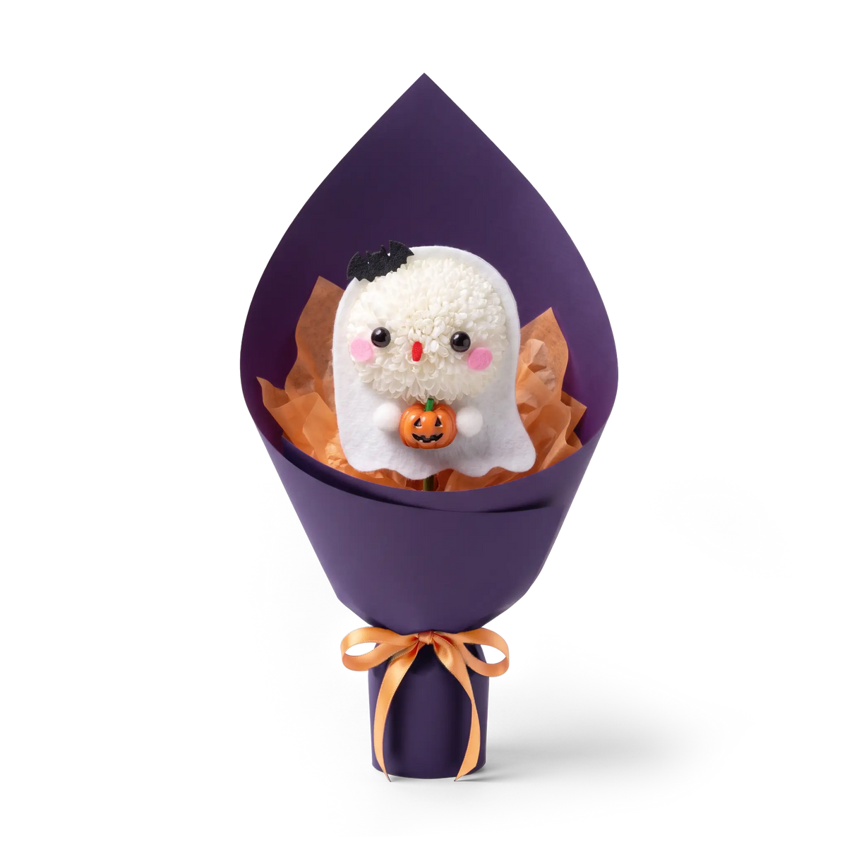 Halloween Ghost Pompon Bouquet made of a fresh white pompon chrysanthemum. This spooky-cute floral arrangement features a ghost holding a jack-o'-lantern, wrapped in purple and orange packaging.