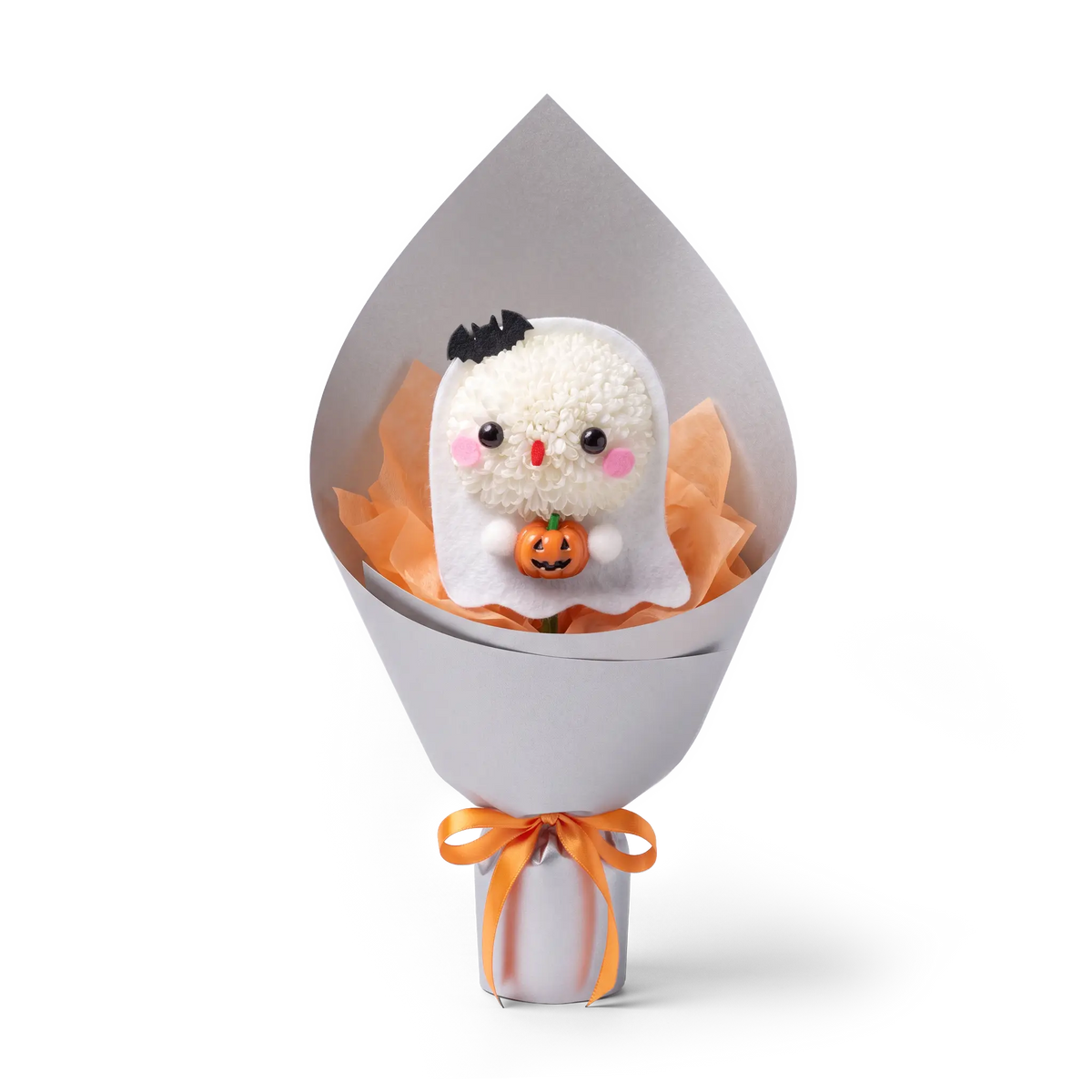 Halloween Ghost Pompon Bouquet made of a fresh white pompon chrysanthemum. This spooky-cute floral arrangement features a ghost holding a jack-o'-lantern, wrapped in silver and orange packaging.