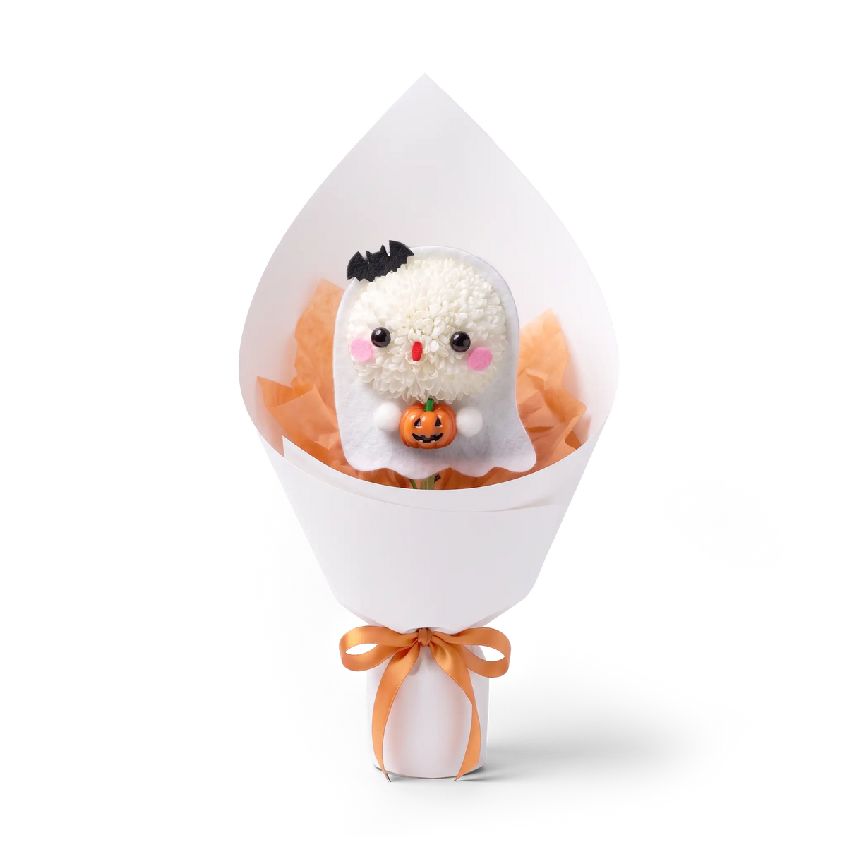 Halloween Ghost Pompon Bouquet made of a fresh white pompon chrysanthemum. This spooky-cute floral arrangement features a ghost holding a jack-o'-lantern, wrapped in white and orange packaging.