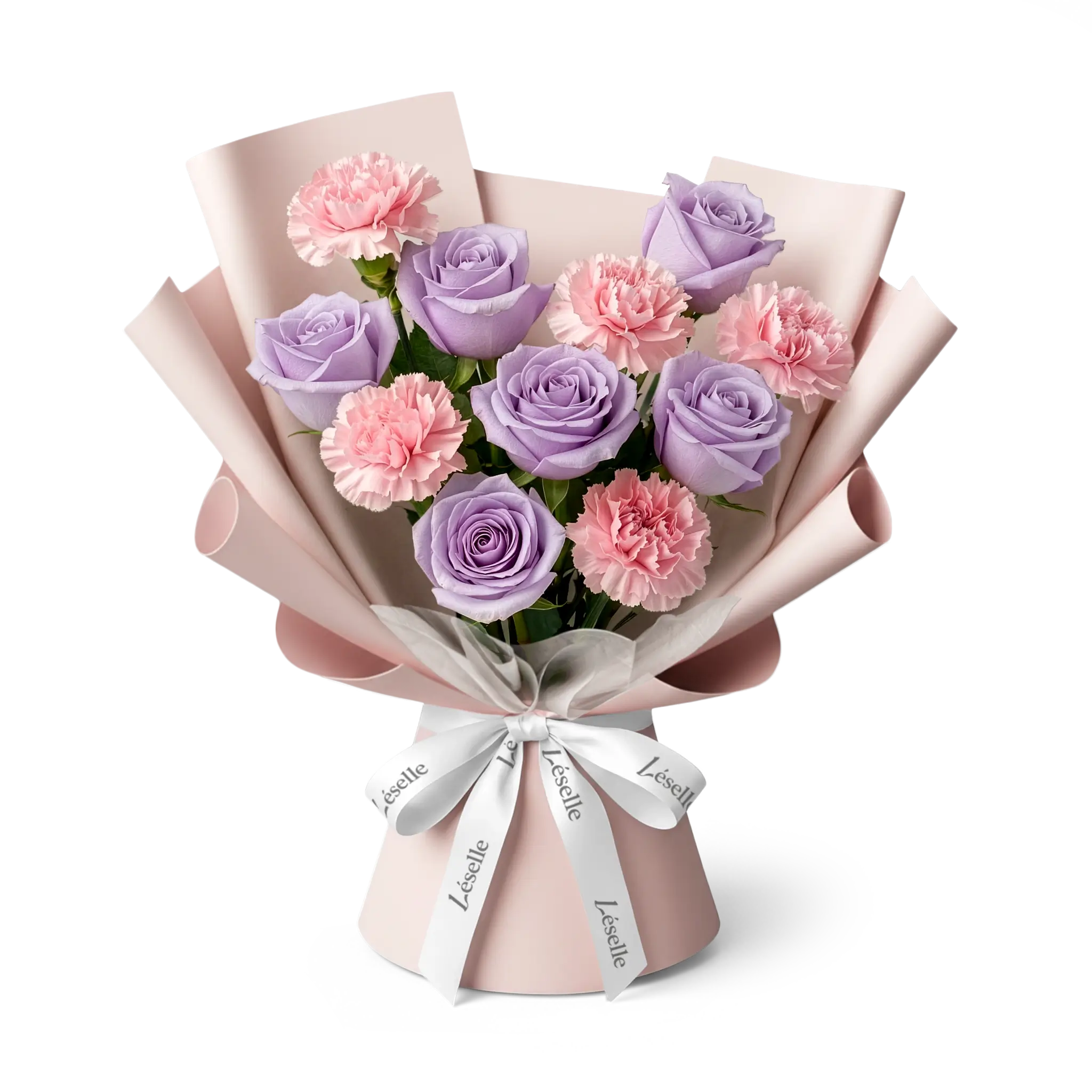 Bouquet of lavender roses and blush carnations wrapped in ballet slipper pink paper with a white ribbon on a transparent background