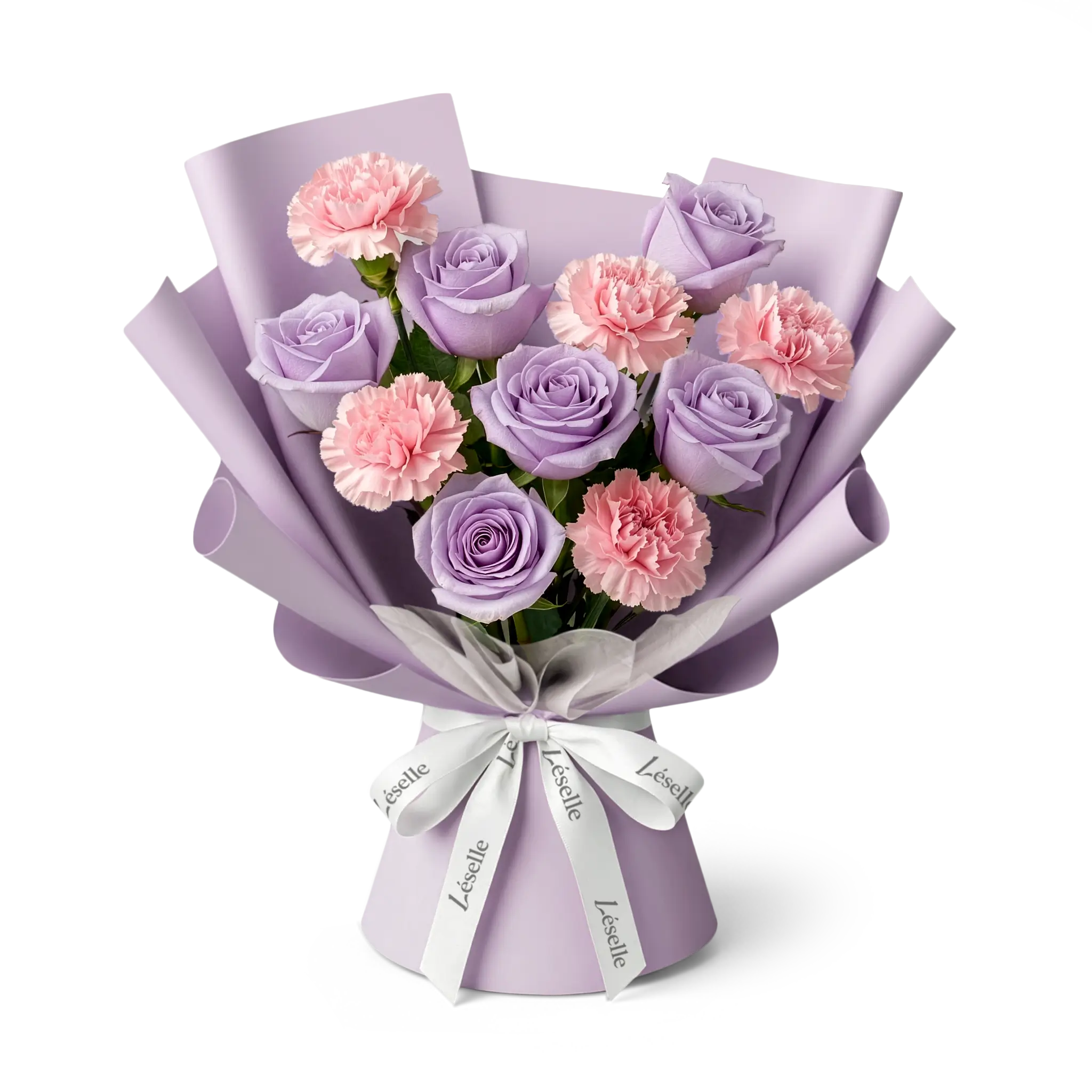 Bouquet of lavender roses and blush carnations wrapped in lilac paper with a white ribbon on a transparent background