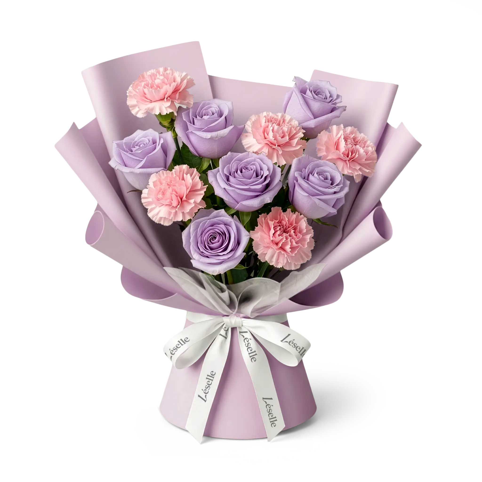 Bouquet of lavender roses and blush carnations wrapped in smoky mauve paper with a white ribbon on a transparent background