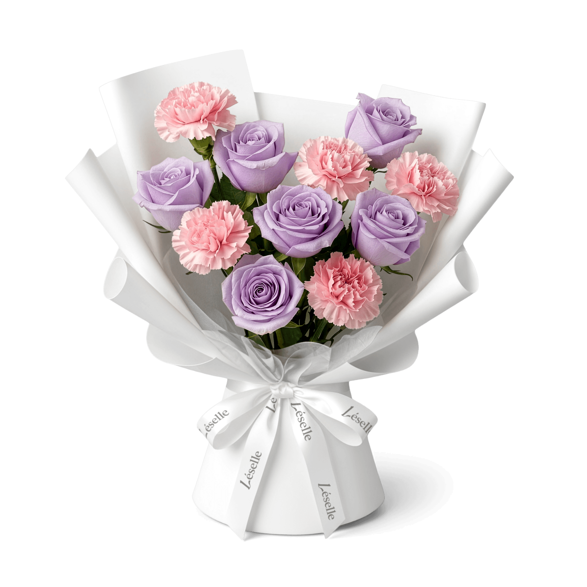 Bouquet of lavender roses and blush carnations wrapped in white paper with a white ribbon on a transparent background