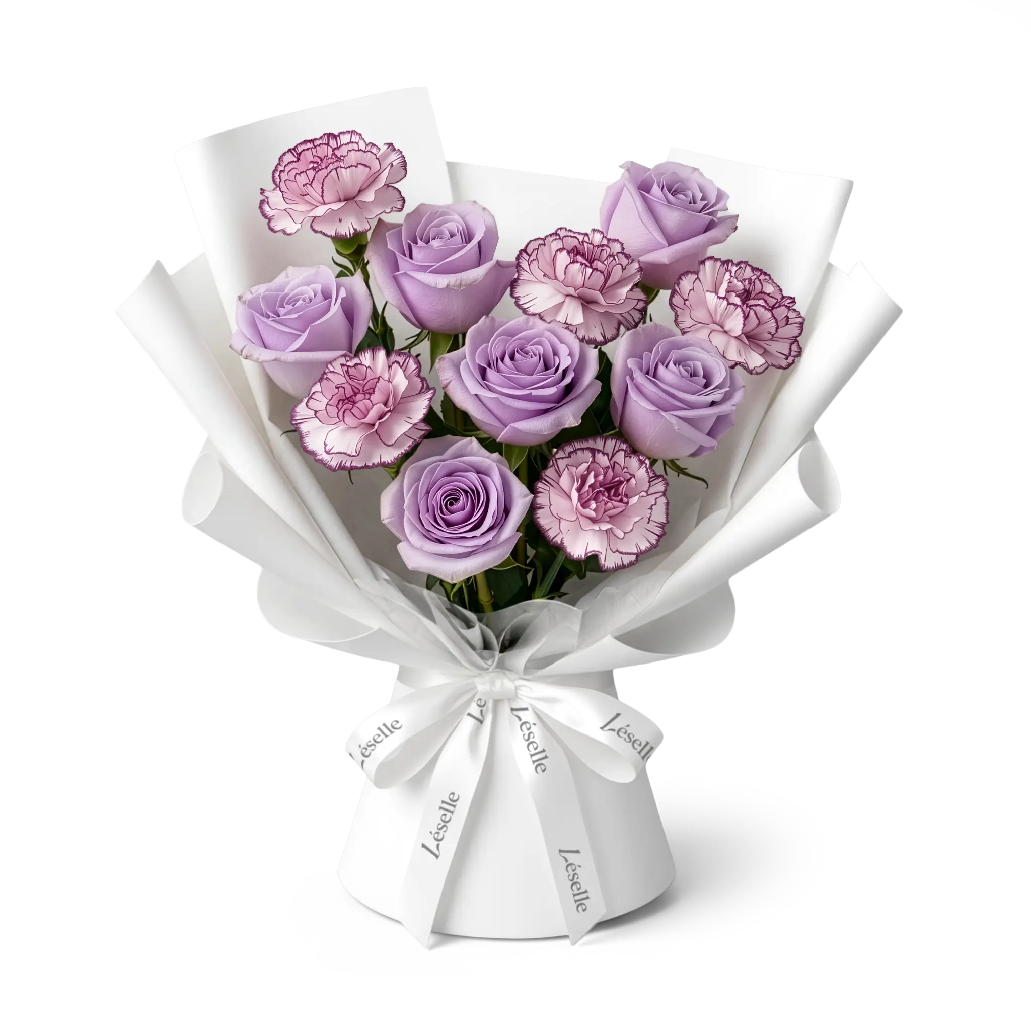 Bouquet of lavender roses and purple-edged carnations wrapped in white paper with a white ribbon on a transparent background