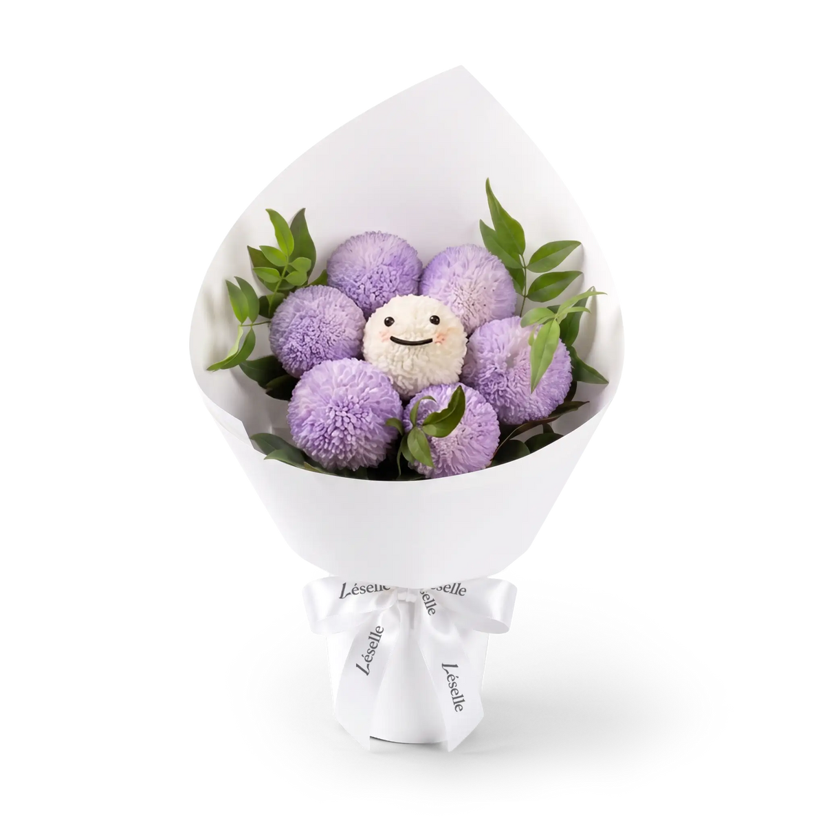 Bouquet of lilac ping pong chrysanthemums wrapped in white paper with a white ribbon on a transparent background