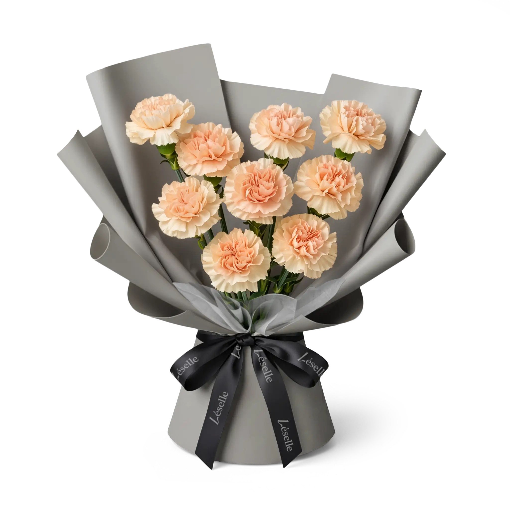 Bouquet of peach pink carnations wrapped in grey paper with a black ribbon on a transparent background
