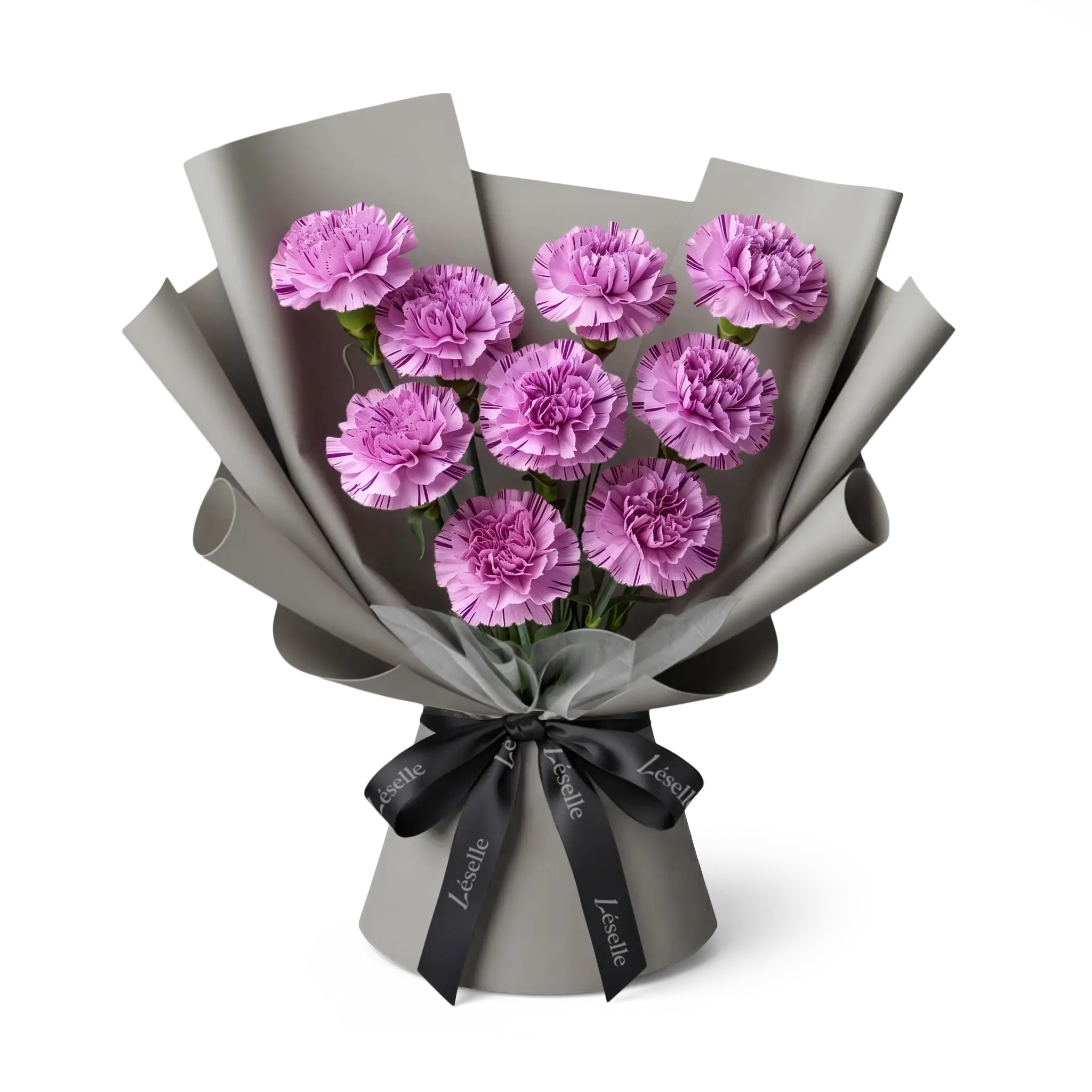 Bouquet of purple carnations wrapped in grey paper with a black ribbon on a transparent background