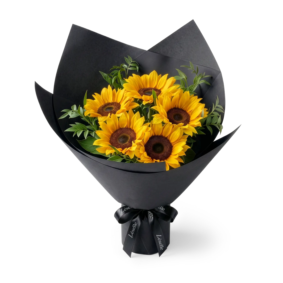 Bouquet of black-heart sunflowers wrapped in black paper with a black ribbon on a transparent background