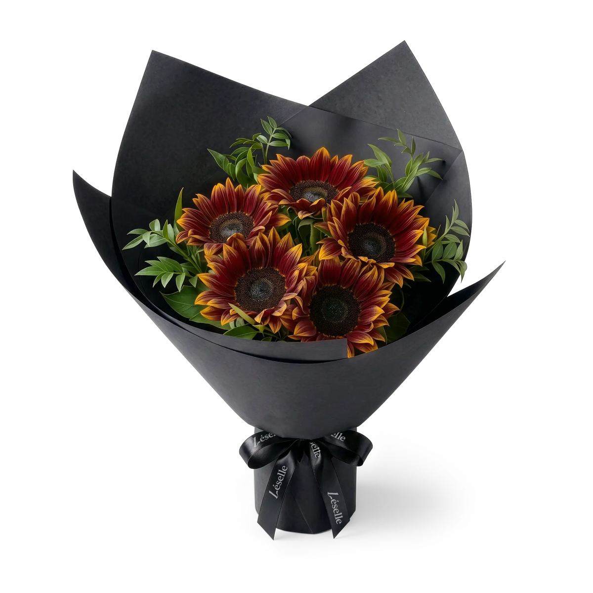 Bouquet of burgundy sunflowers wrapped in black paper with a black ribbon on a transparent background