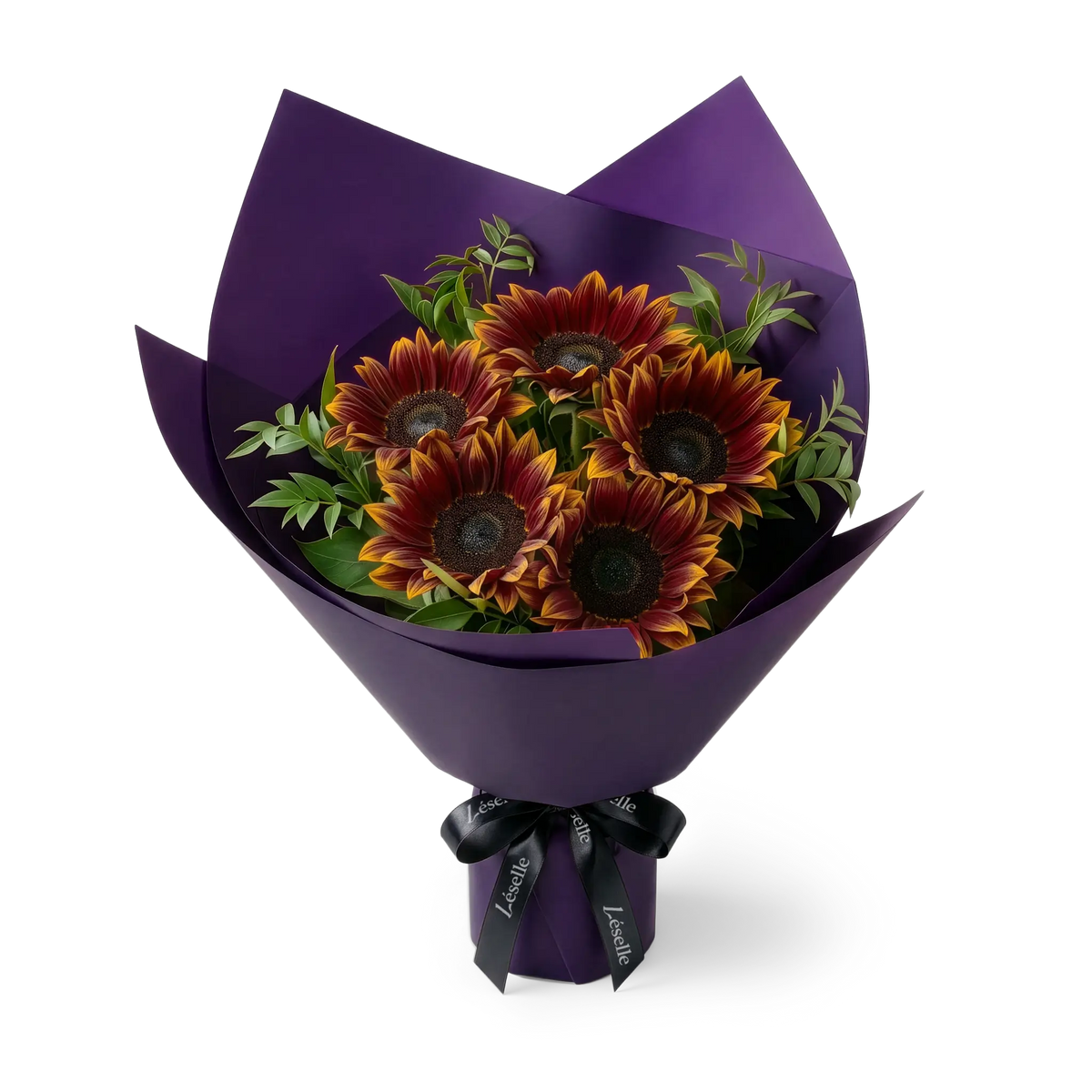 Bouquet of burgundy sunflowers wrapped in dark purple paper with a black ribbon on a transparent background