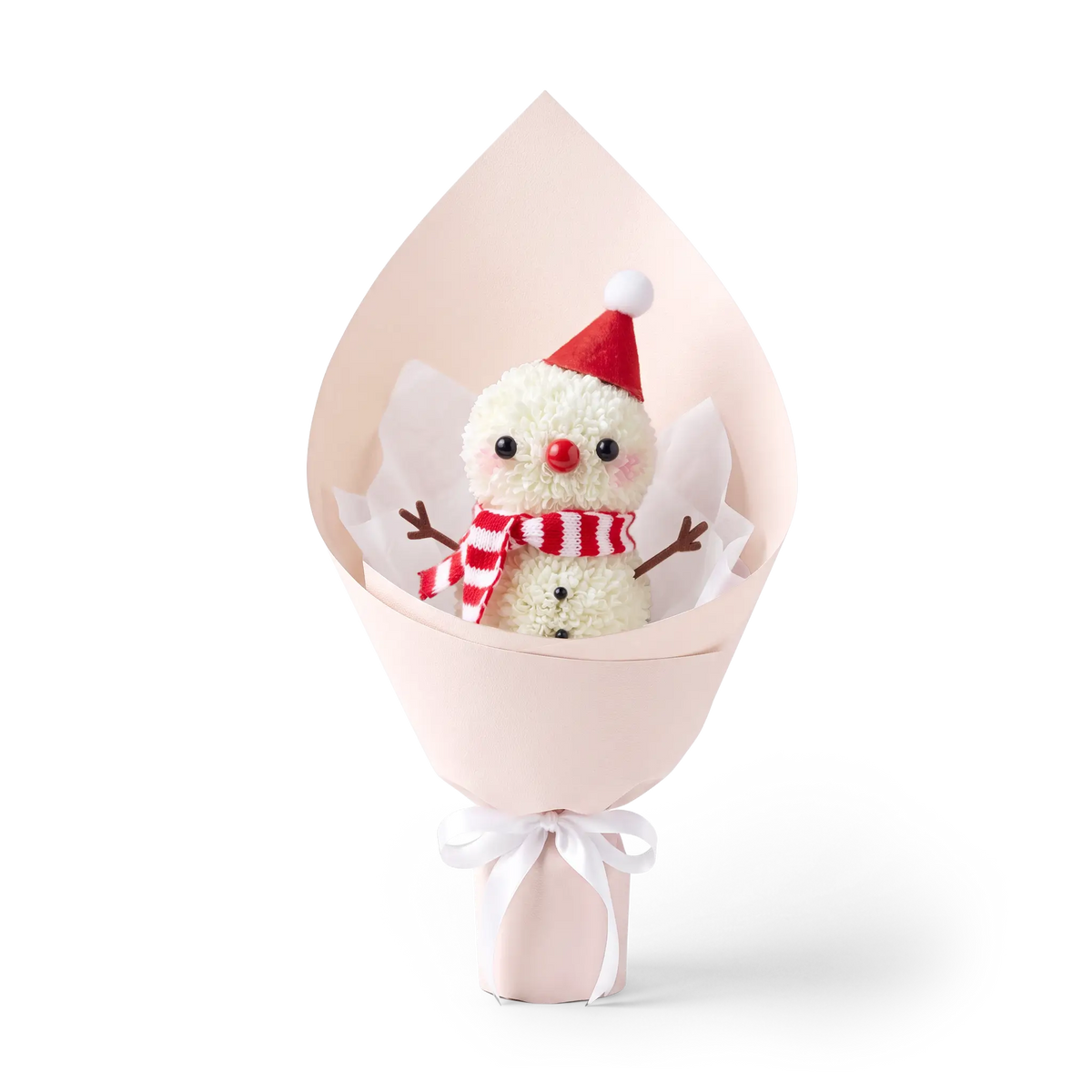 Winter Snowman Pompon Bouquet made of fresh white pompon chrysanthemums. This Christmas floral arrangement features a snowman with a red hat and striped scarf, wrapped in pale pink paper.