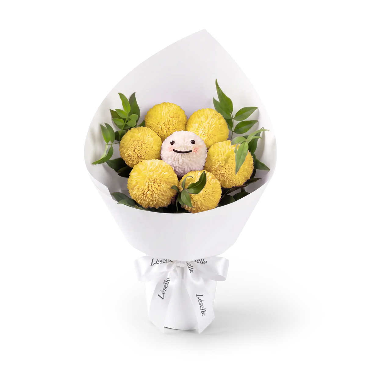 Bouquet of yellow ping pong chrysanthemums wrapped in white paper with a white ribbon on a transparent background