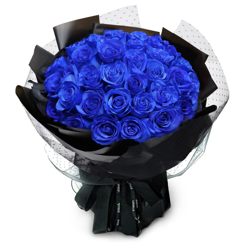 Fresh Flower Bouquet - Royal Blue Roses (Black Wrapper) - 33/50/99 Roses