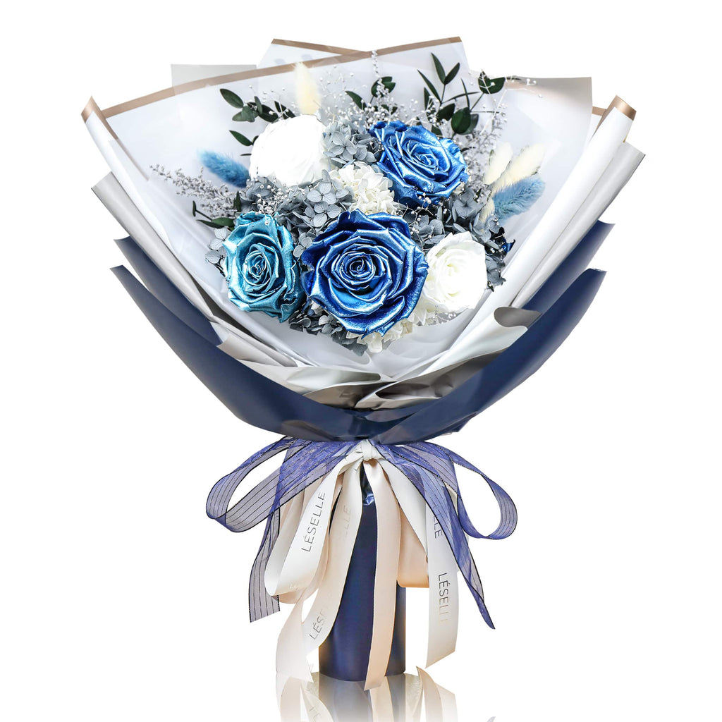 Preserved Flower Bouquet - Metallic Blue & White Roses