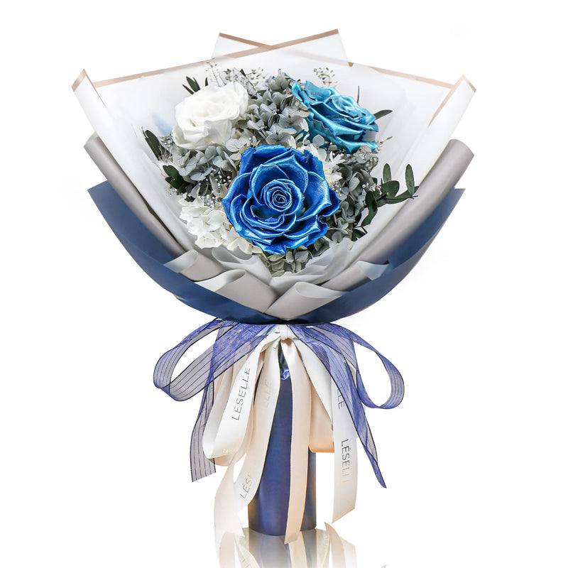 Preserved Flower Bouquet - Metallic Blue & White Roses